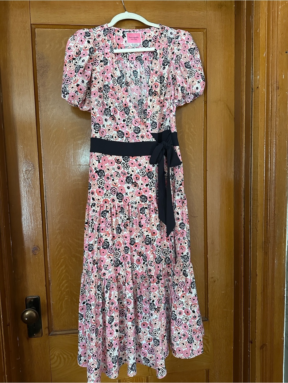 Kate Spade Floral Pink Puff-Sleeve Wrap Midi Dress with Black Tie